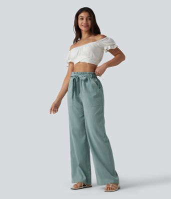 Lässige Hose in Leinenoptik mit hohem Bund, Seitentaschen, Gürtel, Rüschensaum und geradem Bein