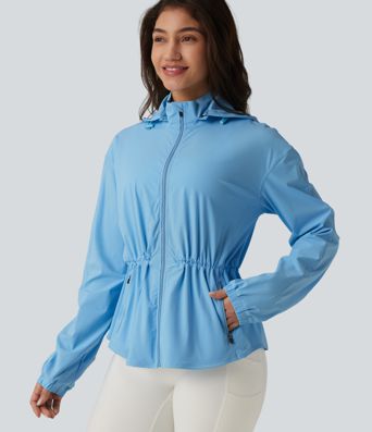 Veste de sport déperlante à capuche amovible avec cordon de serrage et poches zippées