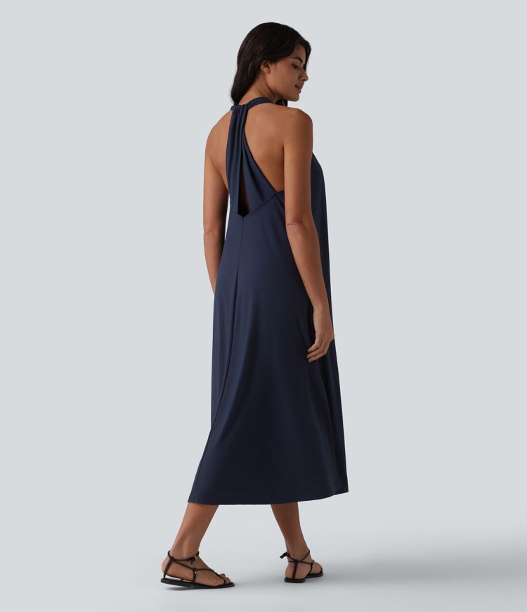 Lässiges Midi-Kleid mit V-Ausschnitt und Taschen