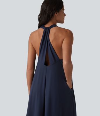 Lässiges Midi-Kleid mit V-Ausschnitt und Taschen
