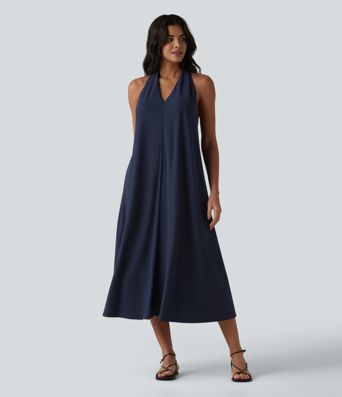 Lässiges Midi-Kleid mit V-Ausschnitt und Taschen