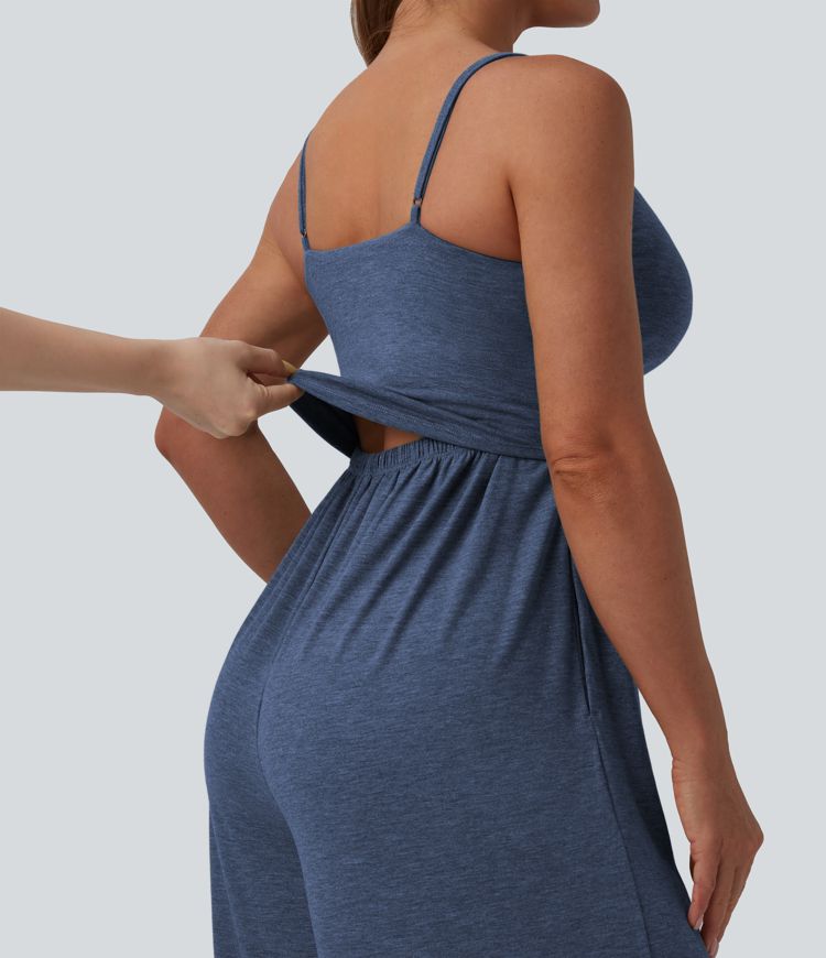 Adjustable Straps Ruched Wide Leg Heathered Casual Jumpsuit with Pockets-Easy Peezy