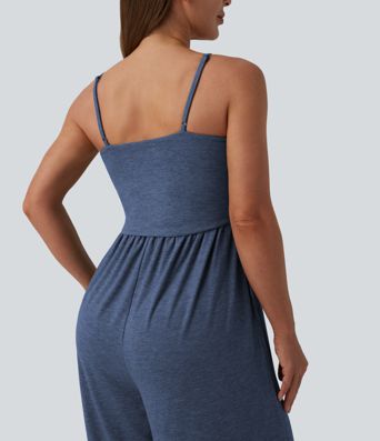 Adjustable Straps Ruched Wide Leg Heathered Casual Jumpsuit with Pockets-Easy Peezy