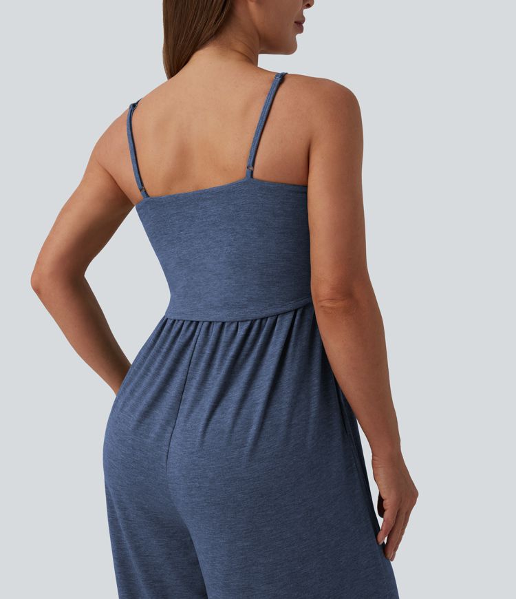 Adjustable Straps Ruched Wide Leg Heathered Casual Jumpsuit with Pockets-Easy Peezy
