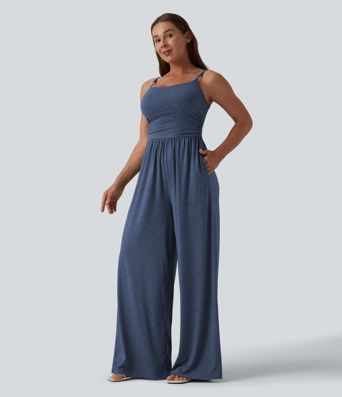 Adjustable Straps Ruched Wide Leg Heathered Casual Jumpsuit with Pockets-Easy Peezy