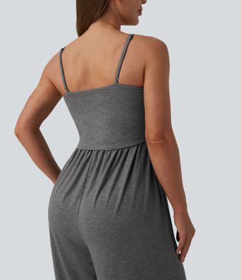 Adjustable Straps Ruched Wide Leg Heathered Casual Jumpsuit with Pockets-Easy Peezy