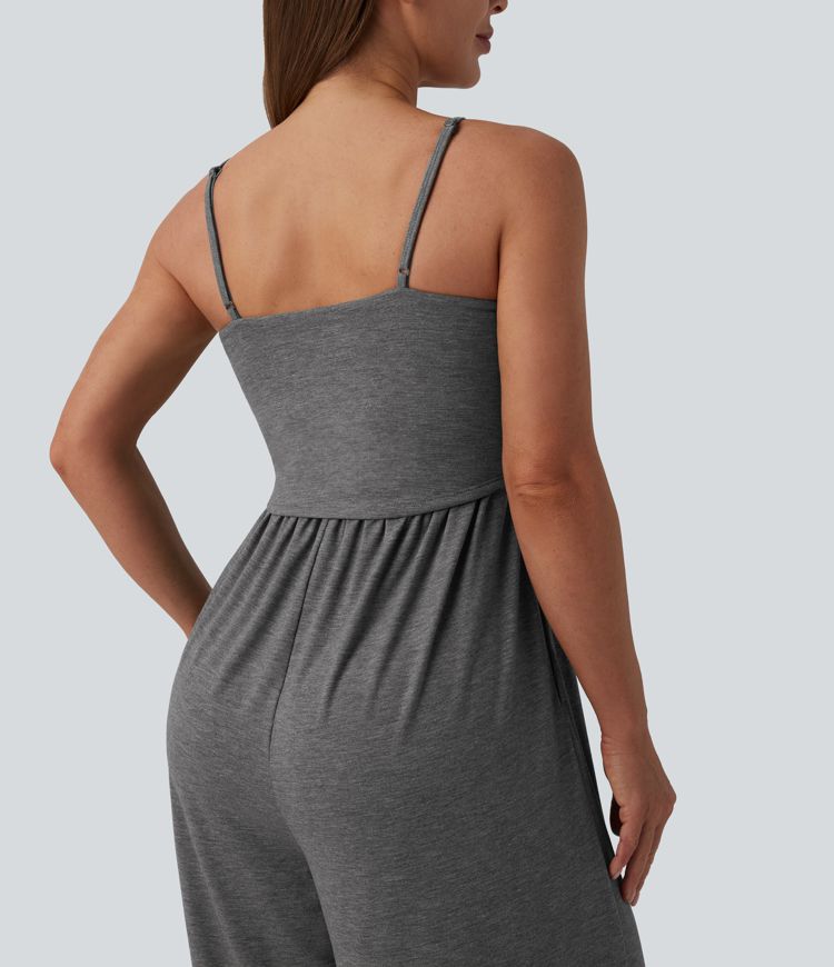 Adjustable Straps Ruched Wide Leg Heathered Casual Jumpsuit with Pockets-Easy Peezy