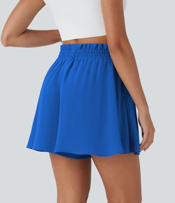 Paper Bag High Waist Drawstring Pocket Casual Linen-Feel Wide Leg Shorts