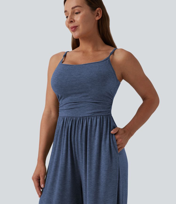 Adjustable Straps Ruched Wide Leg Heathered Casual Jumpsuit with Pockets-Easy Peezy