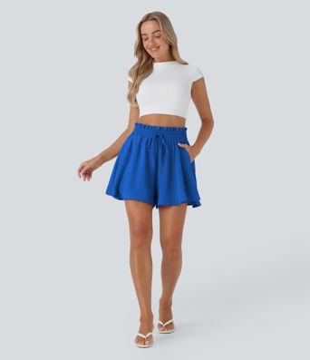 Paper Bag High Waist Drawstring Pocket Casual Linen-Feel Wide Leg Shorts