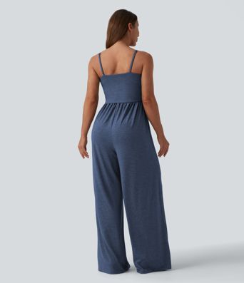 Adjustable Straps Ruched Wide Leg Heathered Casual Jumpsuit with Pockets-Easy Peezy