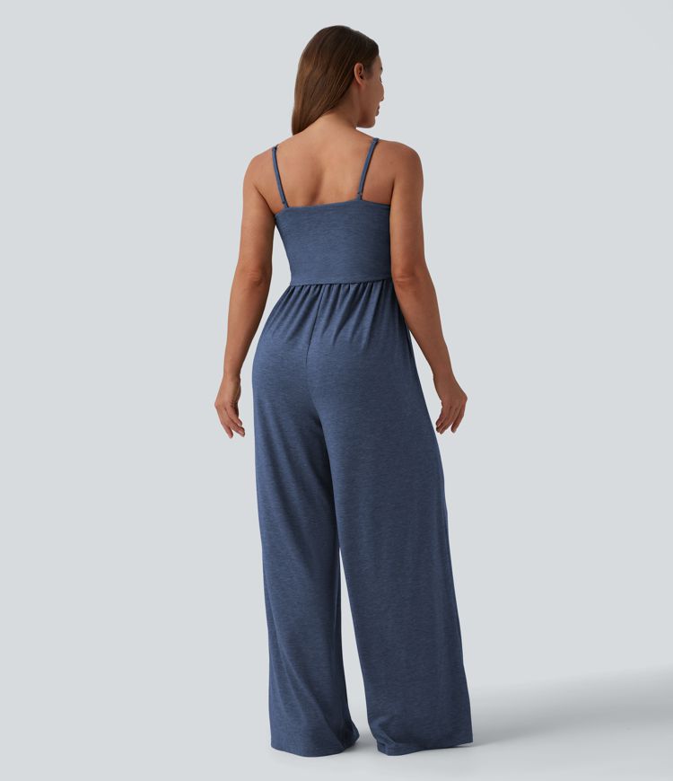 Adjustable Straps Ruched Wide Leg Heathered Casual Jumpsuit with Pockets-Easy Peezy