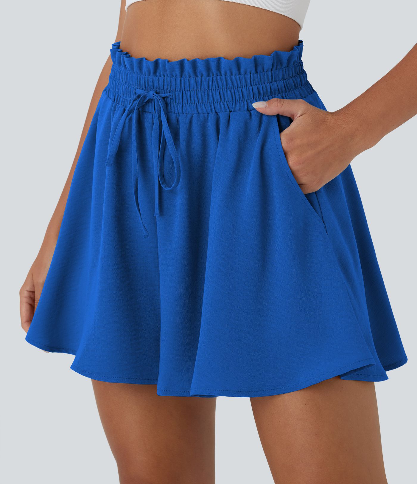 Paper Bag High Waist Drawstring Pocket Casual Linen-Feel Wide Leg Shorts