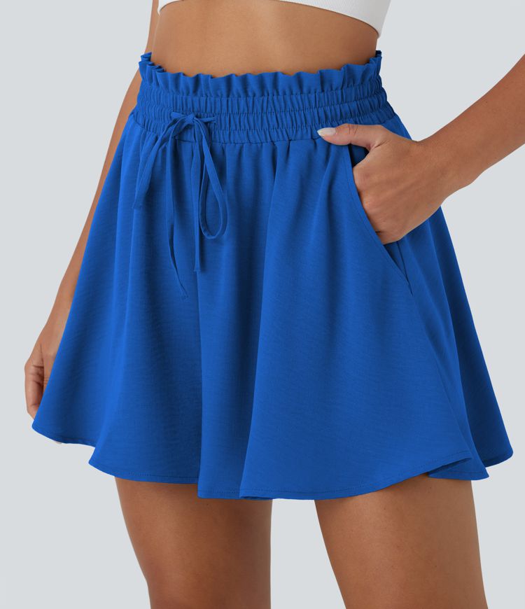 Paper Bag High Waist Drawstring Pocket Casual Linen-Feel Wide Leg Shorts