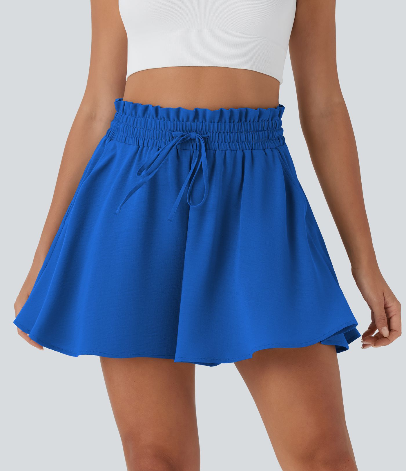 Paper Bag High Waist Drawstring Pocket Casual Linen-Feel Wide Leg Shorts