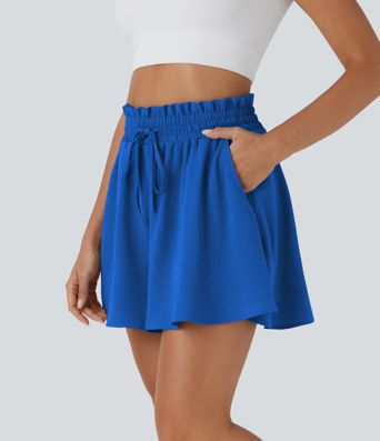 Paper Bag High Waist Drawstring Pocket Casual Linen-Feel Wide Leg Shorts