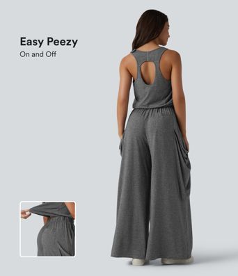 Sleeveless Cut Out Wide Leg Casual Jumpsuit with Pockets-Easy Peezy Edition