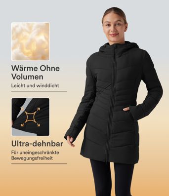 Lässige, lange Stretch-Steppjacke mit Kapuze, Seitentaschen und langen Ärmeln
