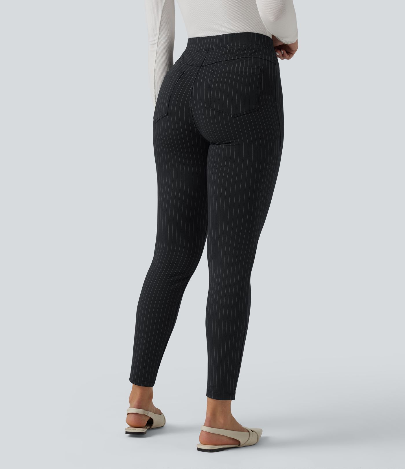High Waisted Stripe Skinny Work Pants with Pockets