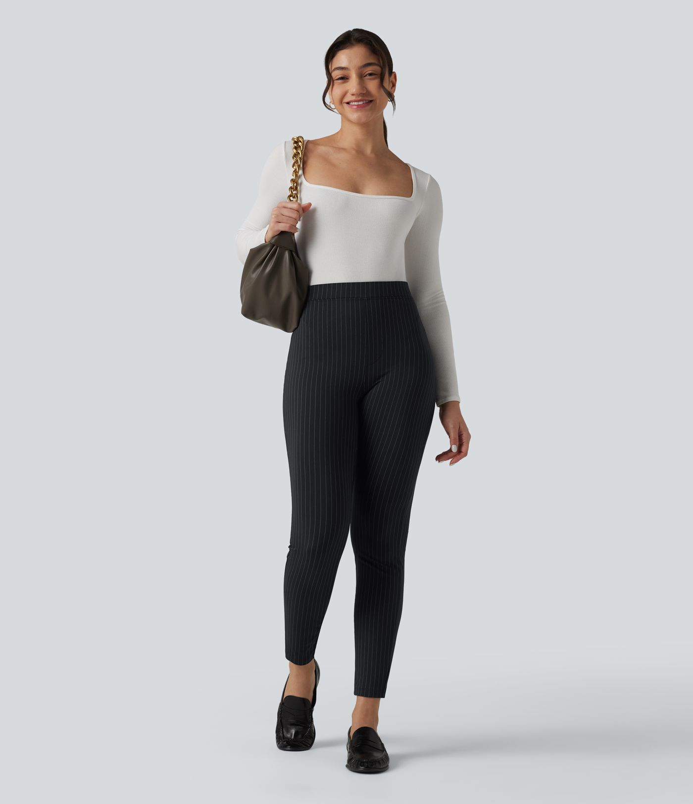 High Waisted Stripe Skinny Work Pants with Pockets