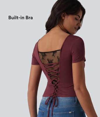 U Neck Short Sleeve Built-in Bra Contrast Lace Tie Back Casual T-Shirt