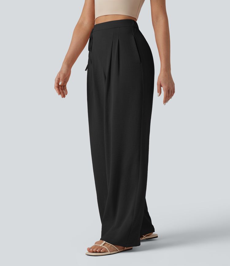 High Waisted Tie Side Wide Leg Casual Linen-Feel Pants with Pockets