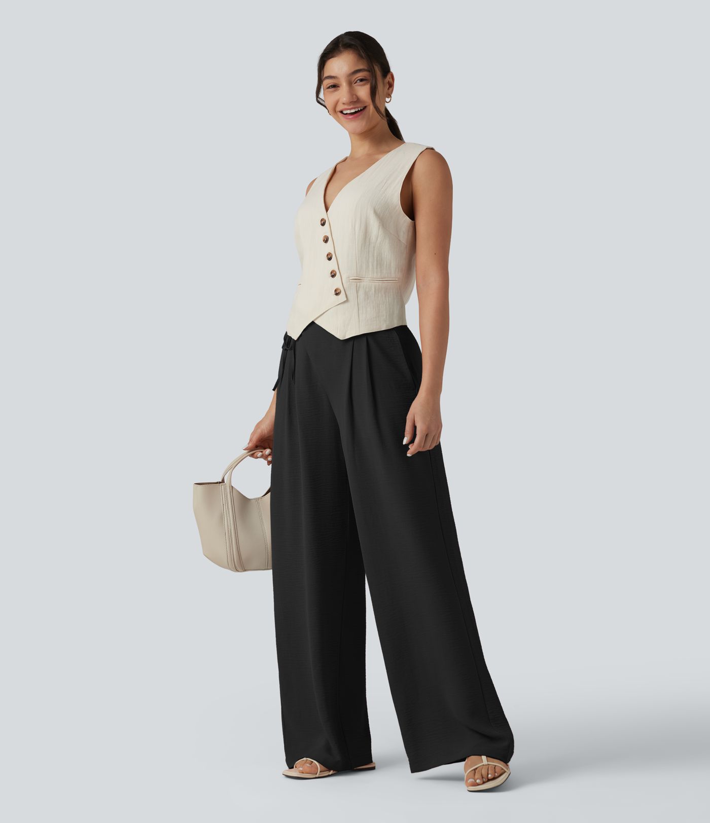 High Waisted Tie Side Wide Leg Casual Linen-Feel Pants with Pockets