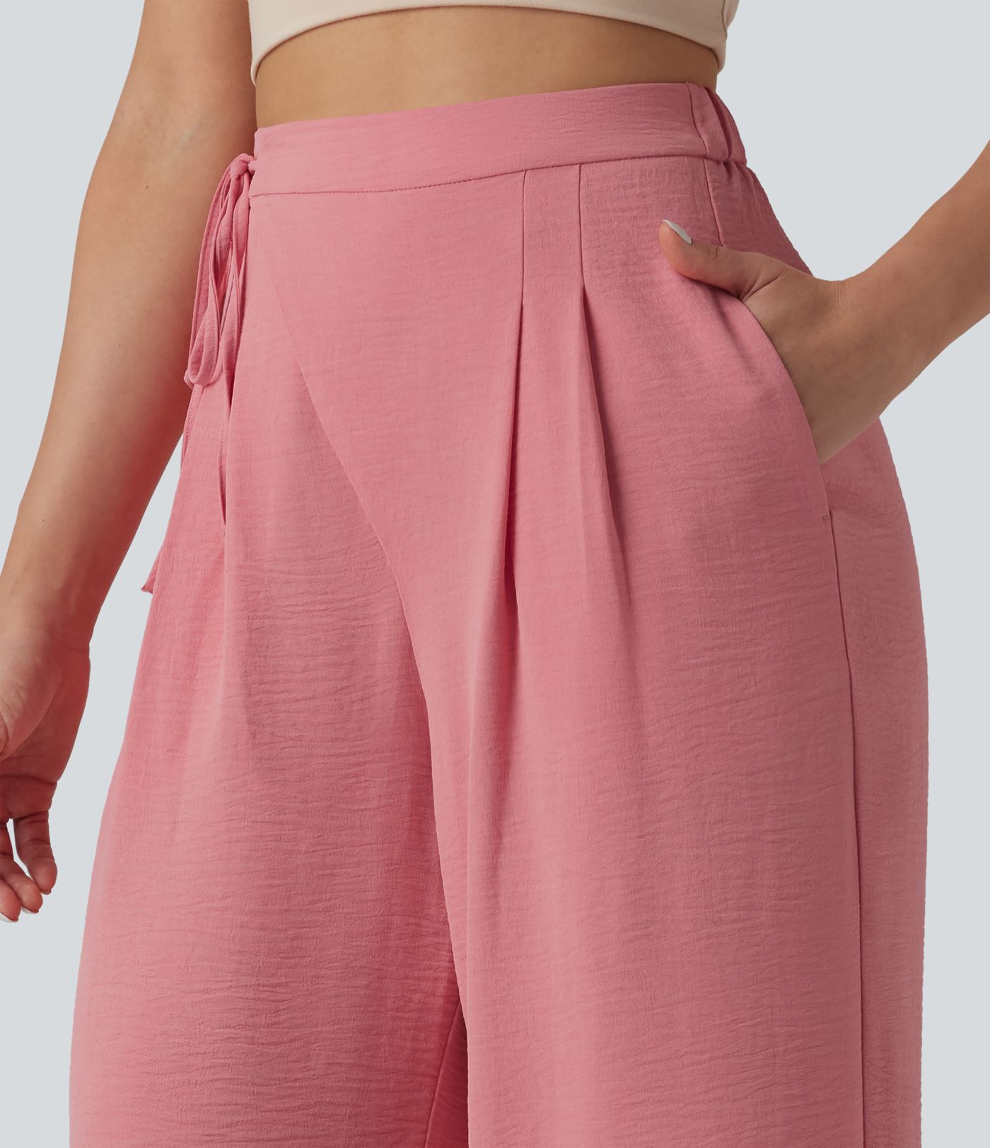 High Waisted Tie Side Wide Leg Casual Linen-Feel Pants with Pockets