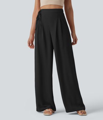 High Waisted Tie Side Wide Leg Casual Linen-Feel Pants with Pockets
