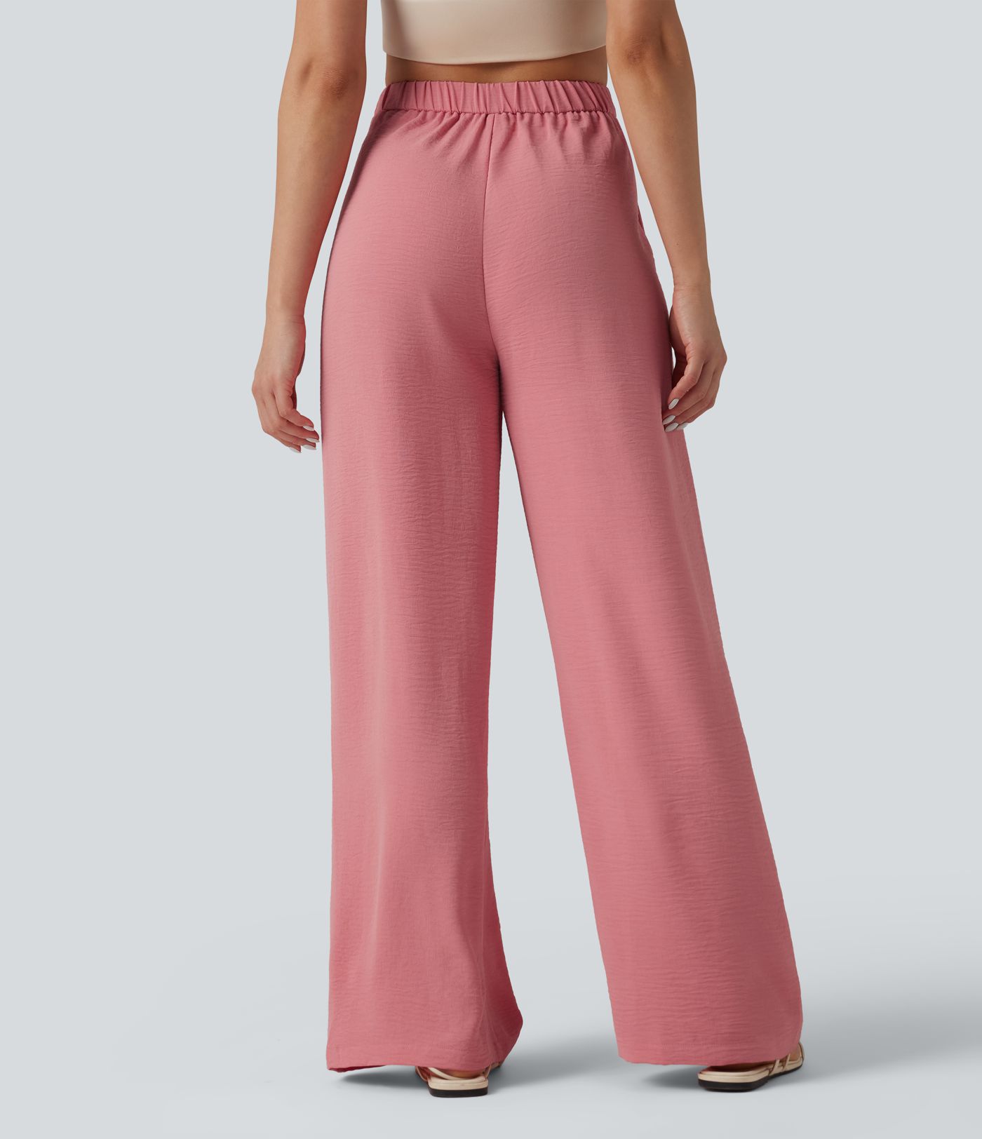 High Waisted Tie Side Wide Leg Casual Linen-Feel Pants with Pockets