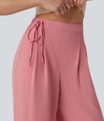 High Waisted Tie Side Wide Leg Casual Linen-Feel Pants with Pockets