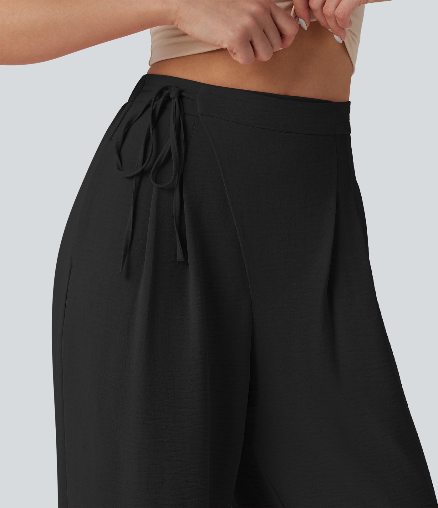 High Waisted Tie Side Wide Leg Casual Linen-Feel Pants with Pockets