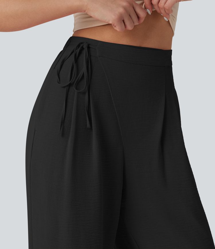 High Waisted Tie Side Wide Leg Casual Linen-Feel Pants with Pockets