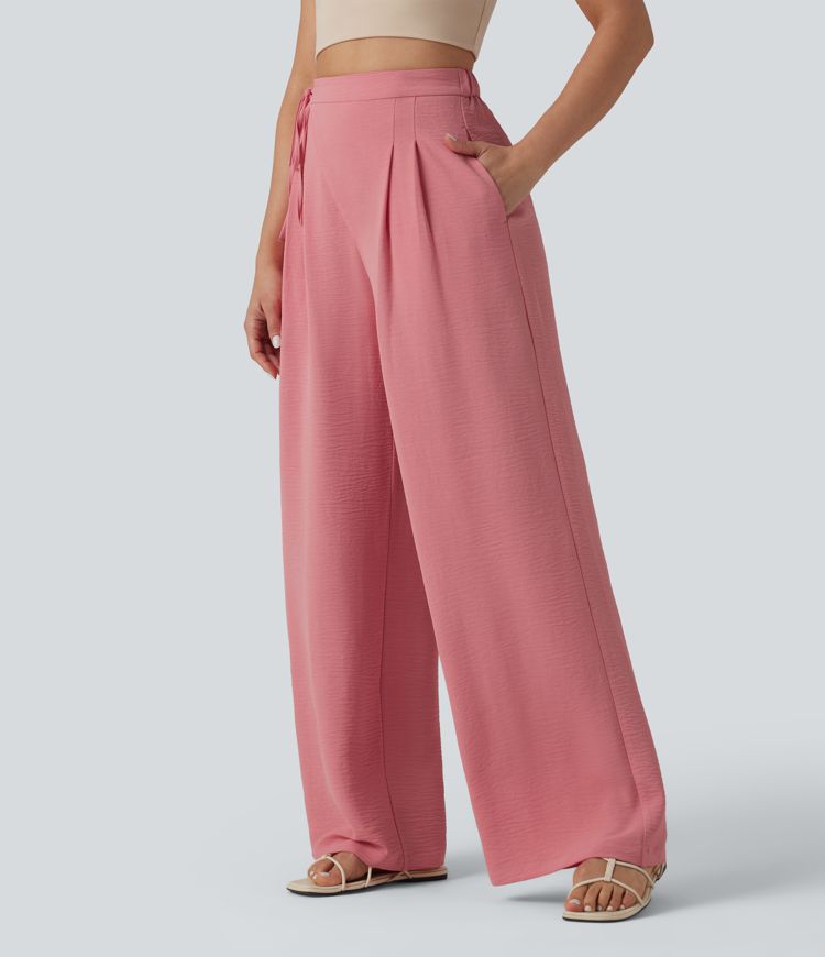High Waisted Tie Side Wide Leg Casual Linen-Feel Pants with Pockets