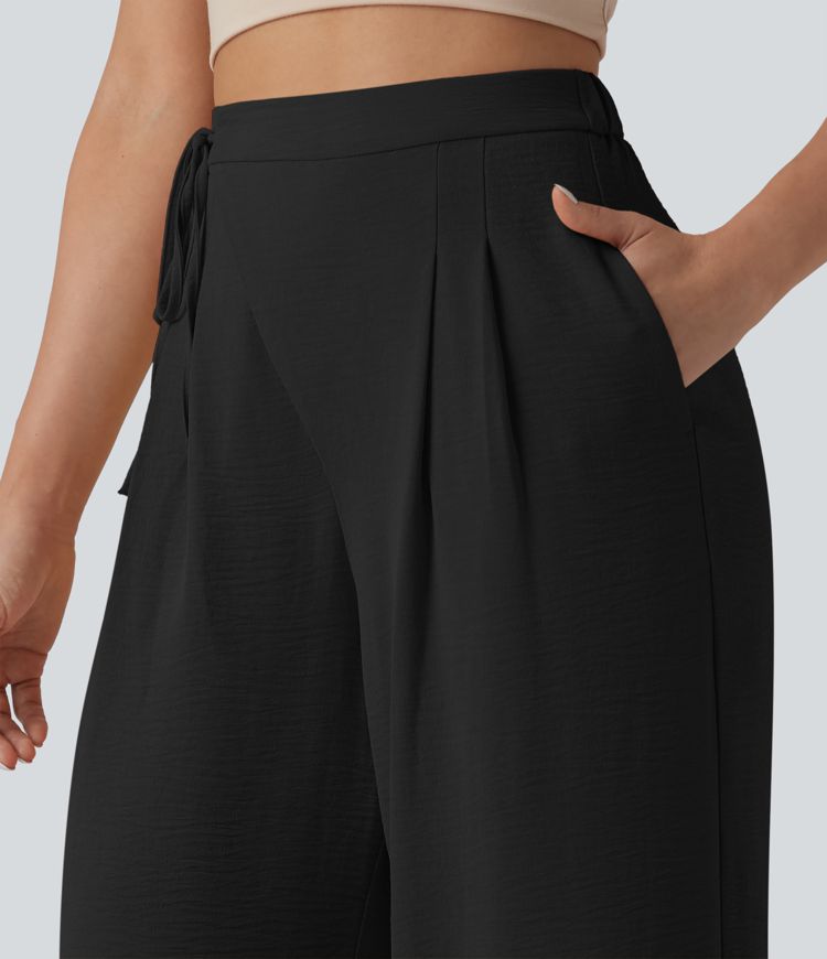 High Waisted Tie Side Wide Leg Casual Linen-Feel Pants with Pockets