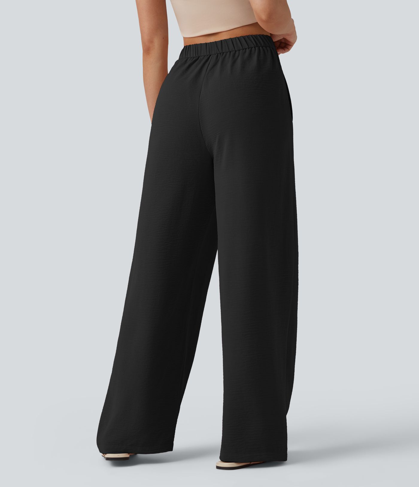 High Waisted Tie Side Wide Leg Casual Linen-Feel Pants with Pockets
