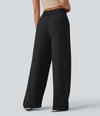 High Waisted Tie Side Wide Leg Casual Linen-Feel Pants with Pockets
