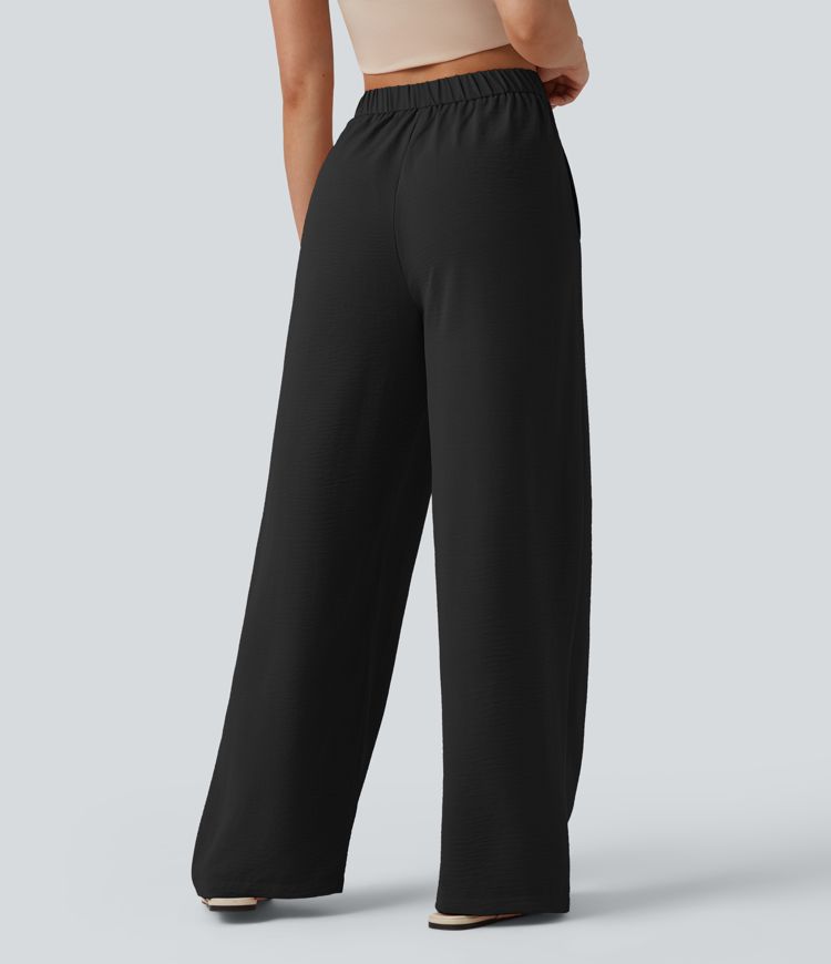 High Waisted Tie Side Wide Leg Casual Linen-Feel Pants with Pockets