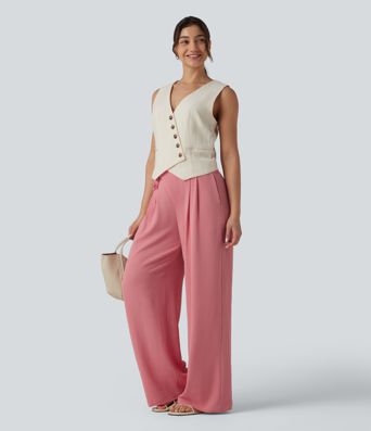 High Waisted Tie Side Wide Leg Casual Linen-Feel Pants with Pockets