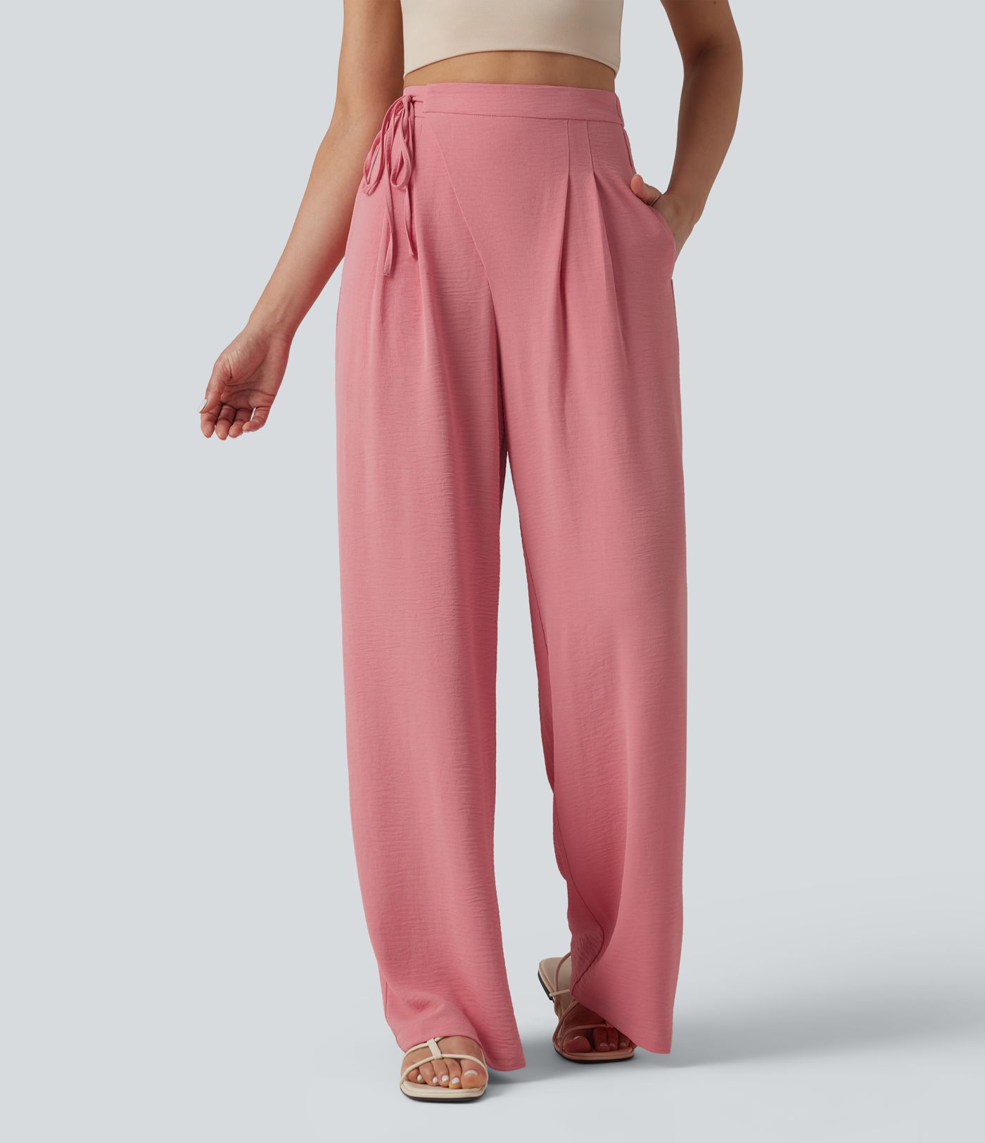 High Waisted Tie Side Wide Leg Casual Linen-Feel Pants with Pockets
