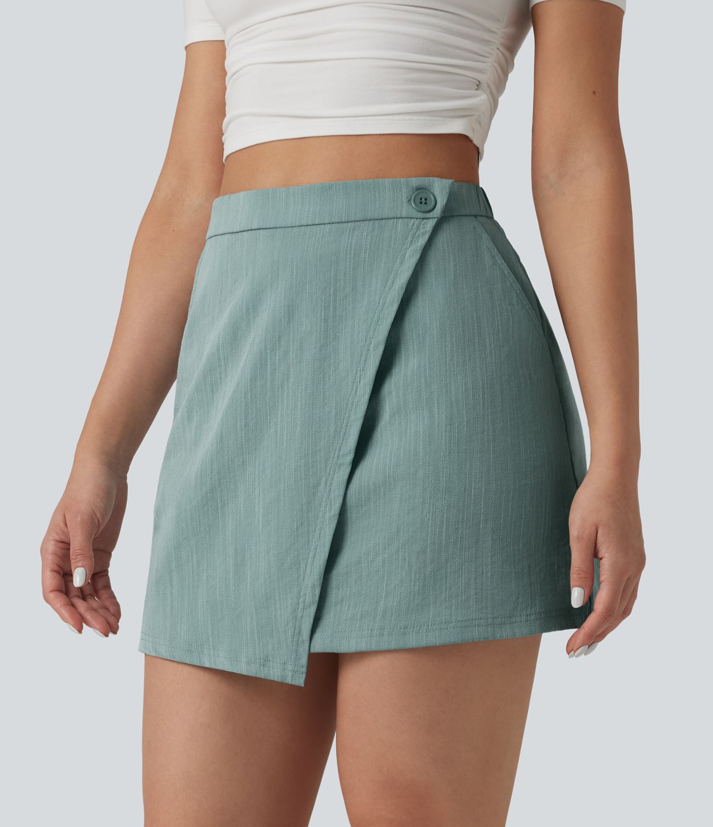 High Waisted 2-in-1 Mini Casual Linen-Feel Skirt with Pockets