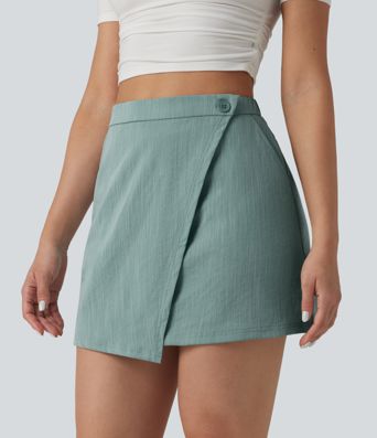 High Waisted 2-in-1 Mini Casual Linen-Feel Skirt with Pockets