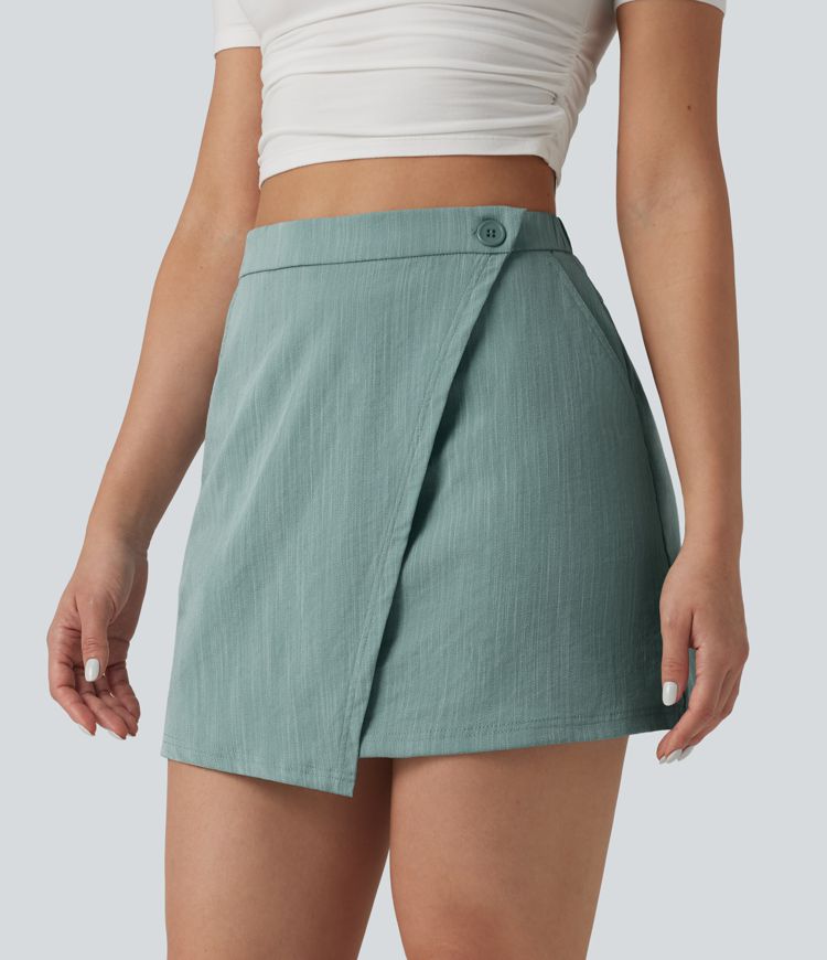 High Waisted 2-in-1 Mini Casual Linen-Feel Skirt with Pockets