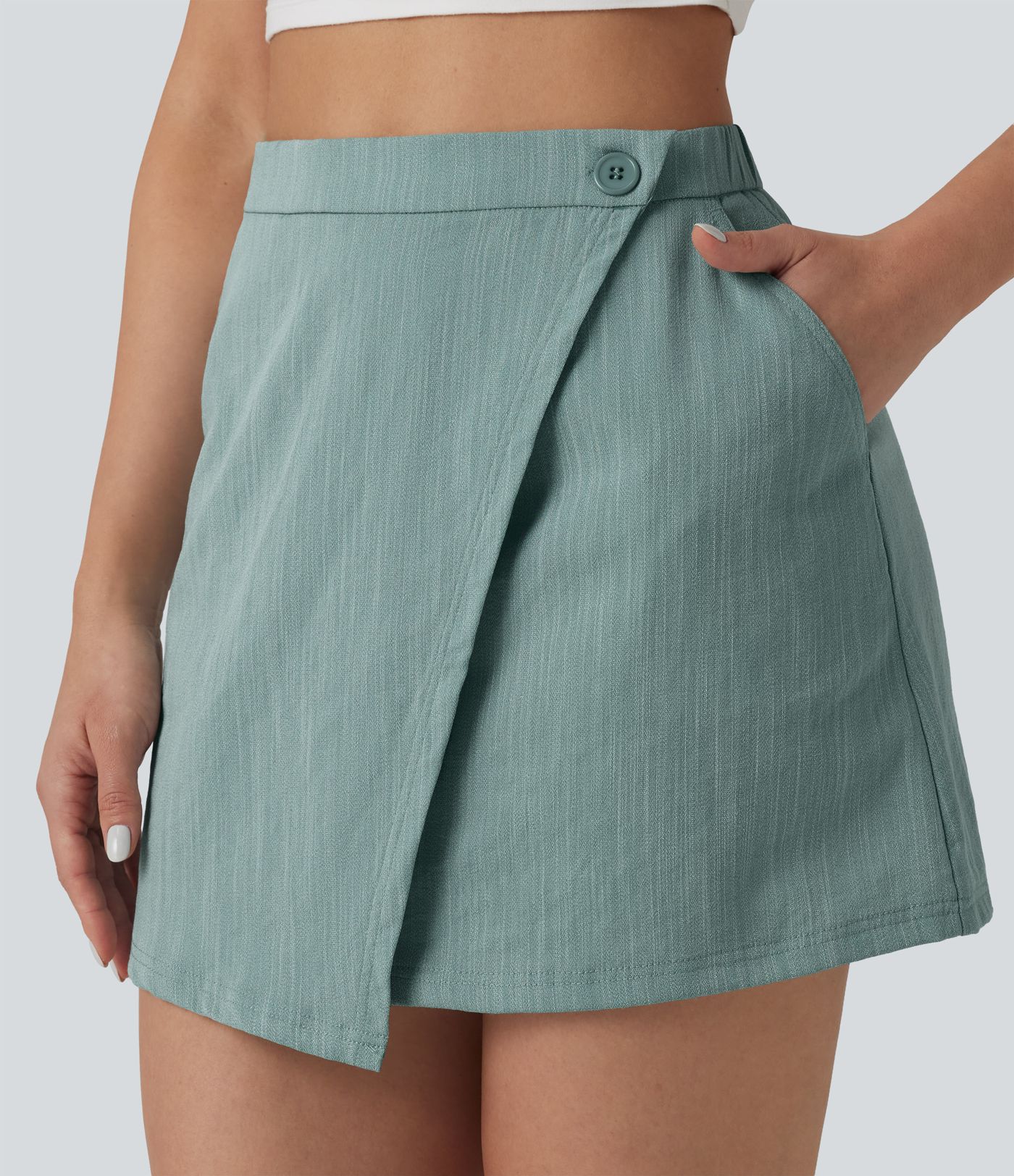 High Waisted 2-in-1 Mini Casual Linen-Feel Skirt with Pockets