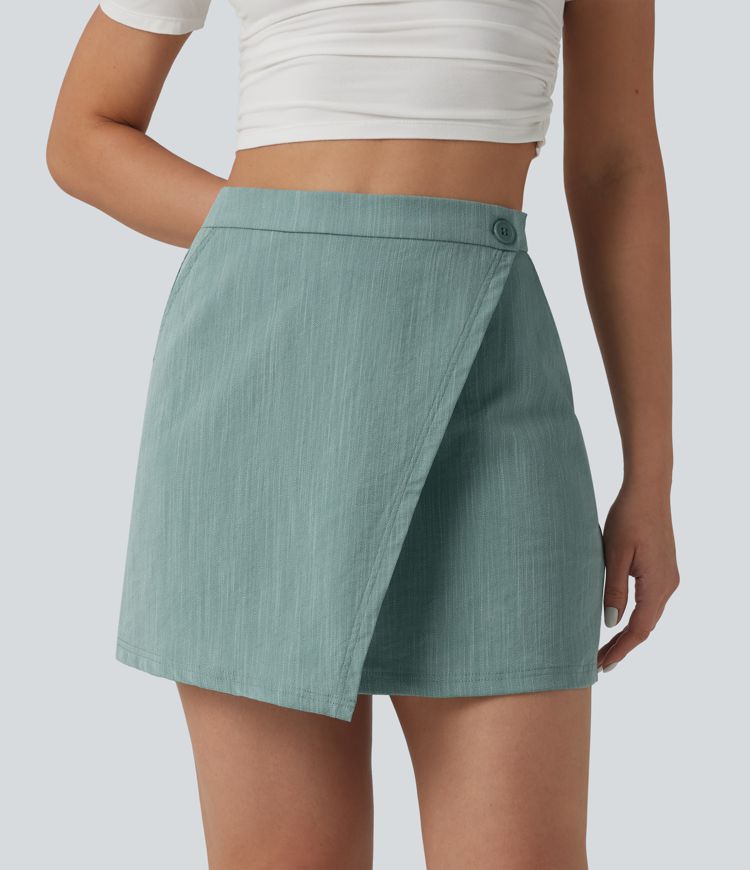 High Waisted 2-in-1 Mini Casual Linen-Feel Skirt with Pockets
