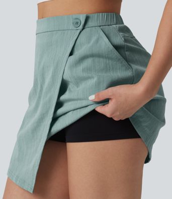 High Waisted 2-in-1 Mini Casual Linen-Feel Skirt with Pockets