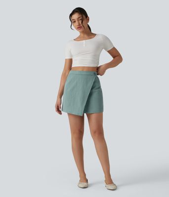 High Waisted 2-in-1 Mini Casual Linen-Feel Skirt with Pockets