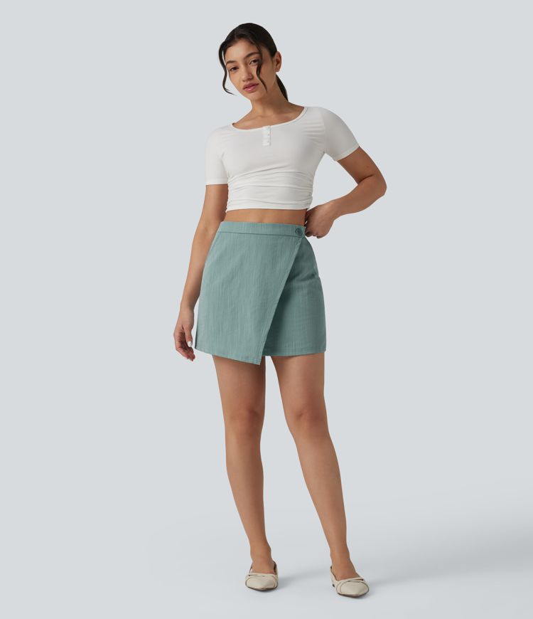 High Waisted 2-in-1 Mini Casual Linen-Feel Skirt with Pockets