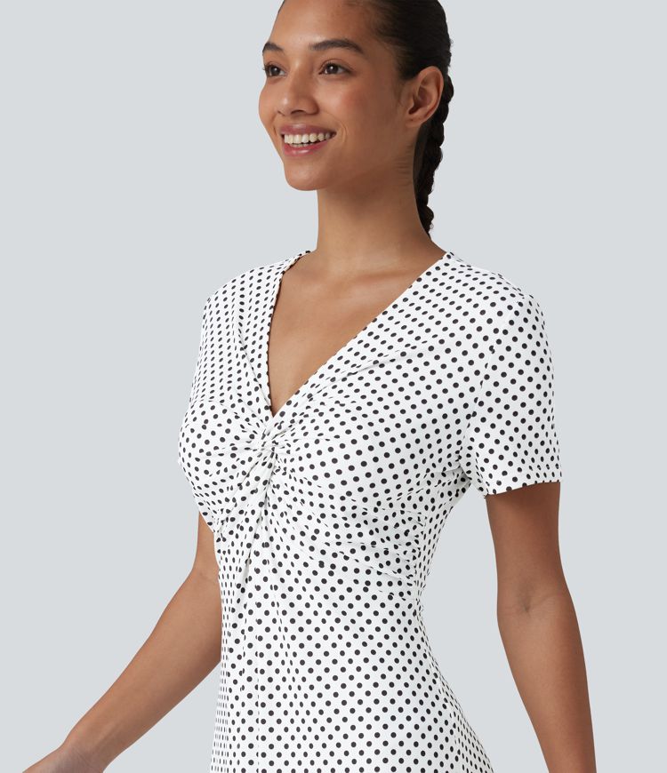 V Neck Short Sleeve Polka Dot Knee Length Casual Dress