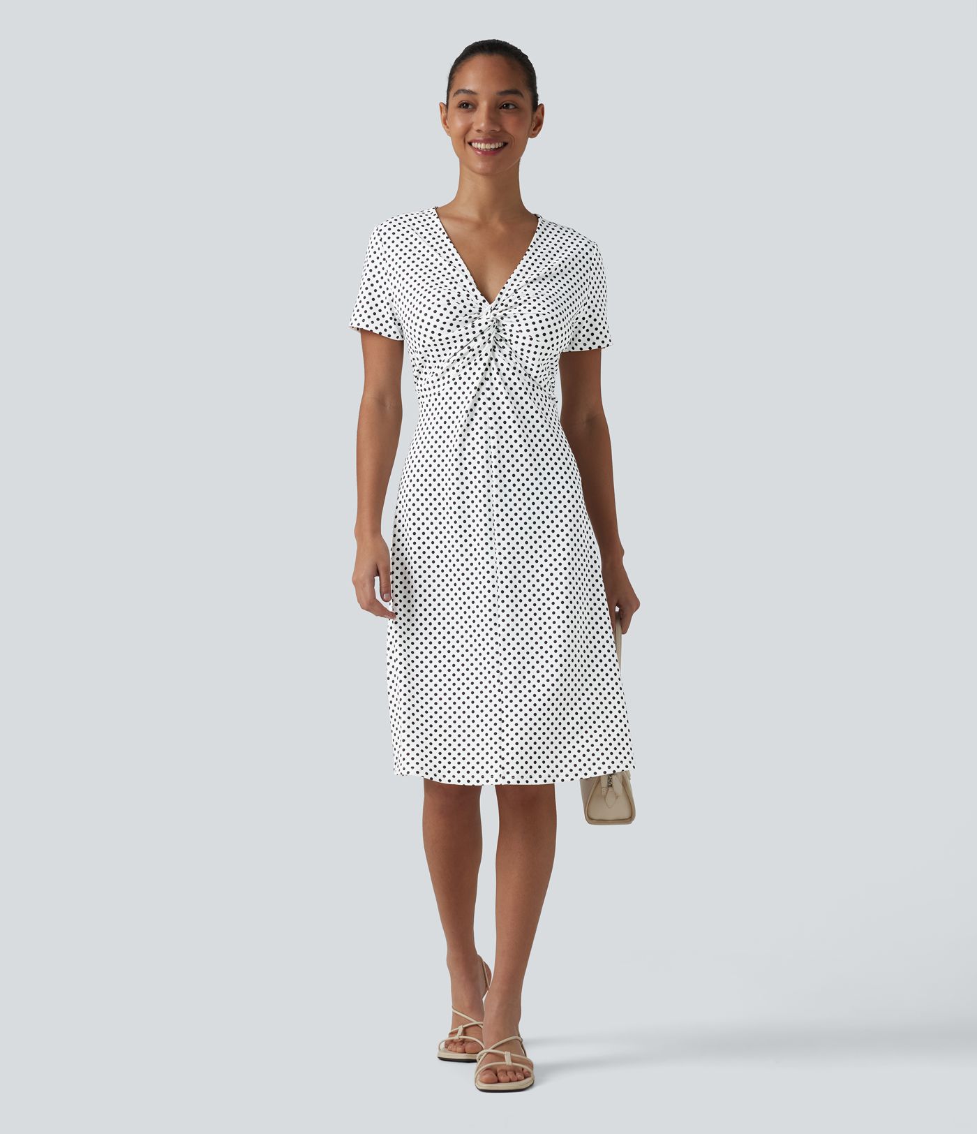 V Neck Short Sleeve Polka Dot Knee Length Casual Dress